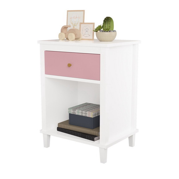 Wooden Nightstand with One Drawer One Shelf for Ki...