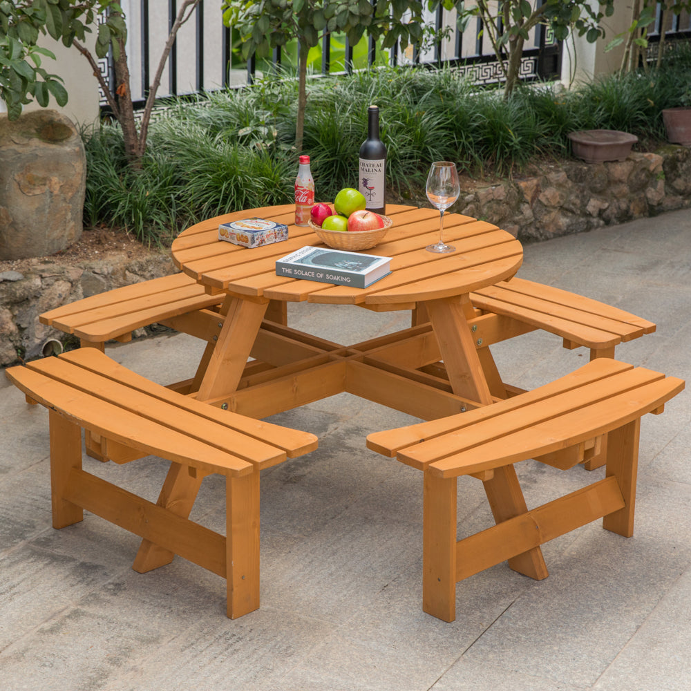 Wooden Outdoor Patio Garden Round Picnic Table with Bench， 8 Person