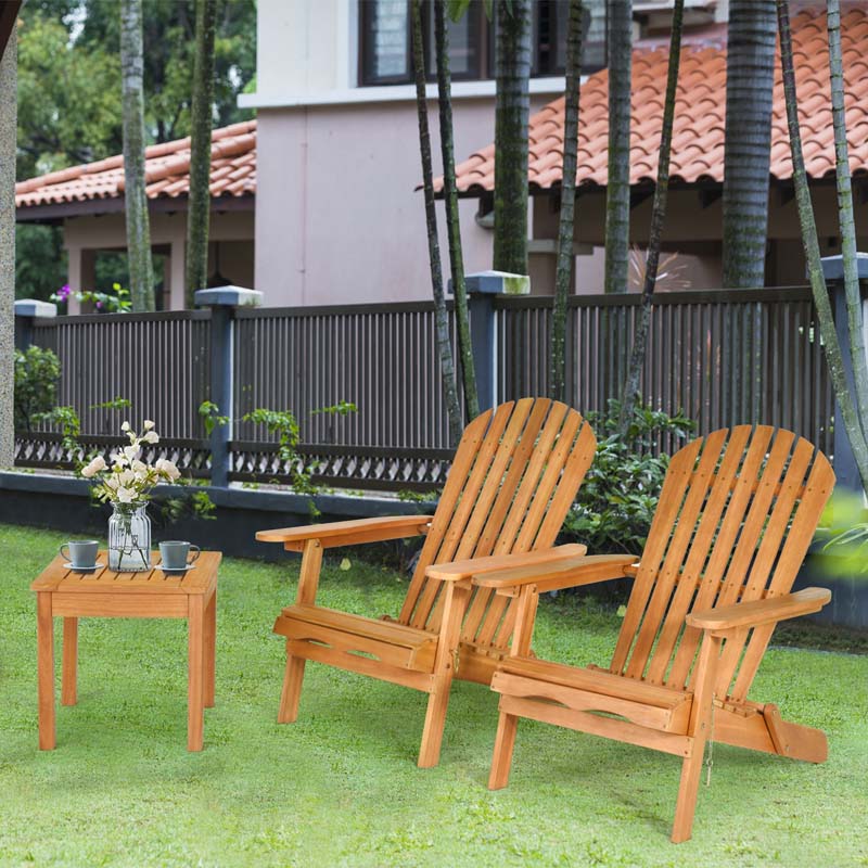 3 Pcs Slatted Design Wooden Adirondack Chair Set with Side Table & 2 Folding Lounger Chairs