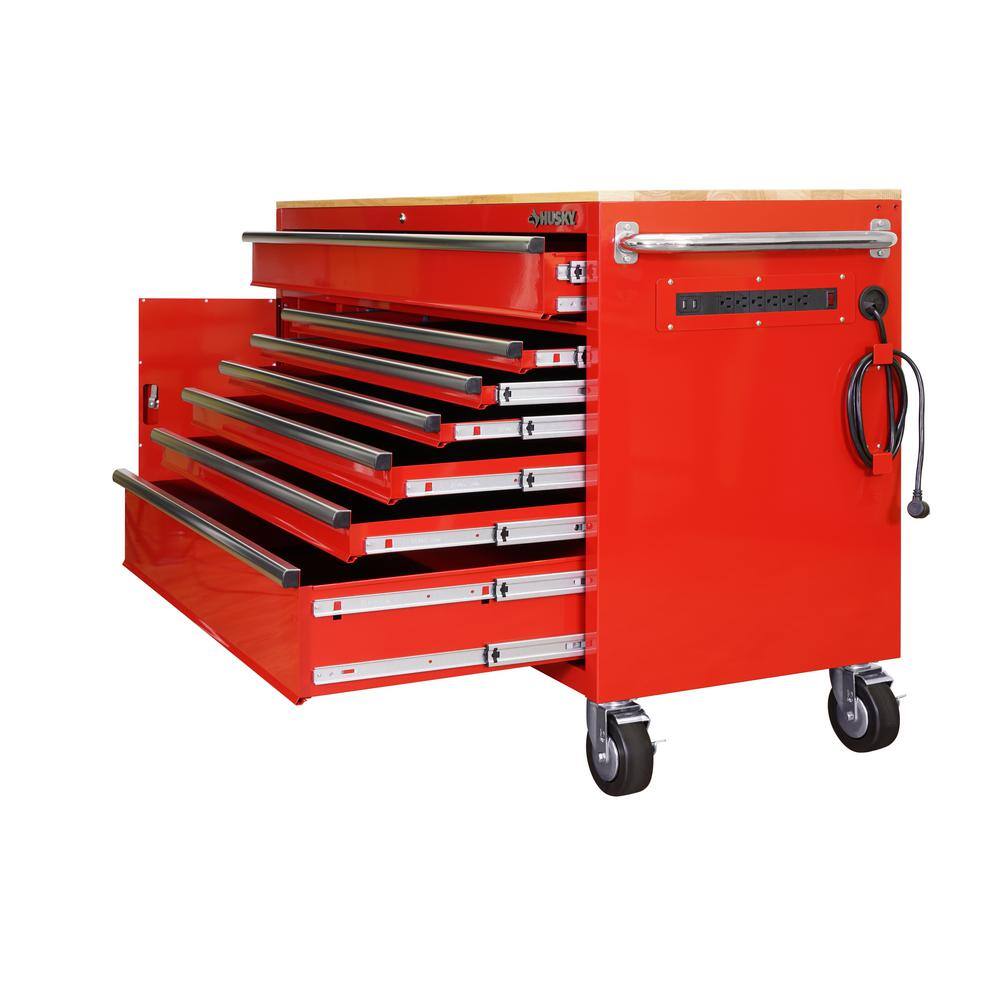 Husky 61 in. W x 22.1 in D Standard Duty 7-Drawer 1-Door Mobile Workbench Tool Chest with Solid Wood Top in Gloss Red HOTC6107B21M