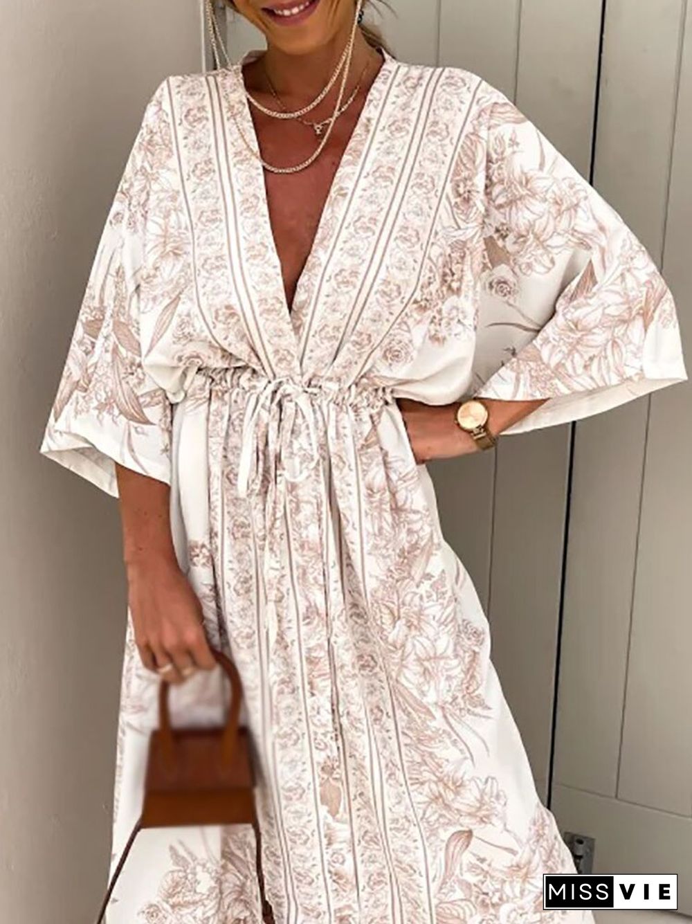 New Boho Print Short Sleeve Women Dress Drawstring Waist Summer V Neck Loose Dress Sexy Split Folds Robe Dress Vintage Vestidos