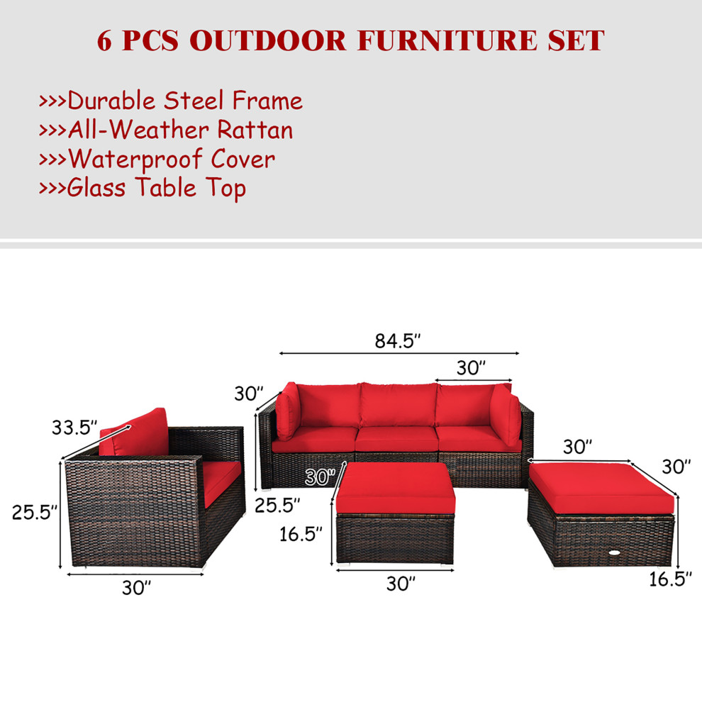 Costway 6PCS Patio Rattan Furniture Set Cushion Sofa Coffee Table   Tropical   Outdoor Lounge Sets   by Costway INC.  Houzz