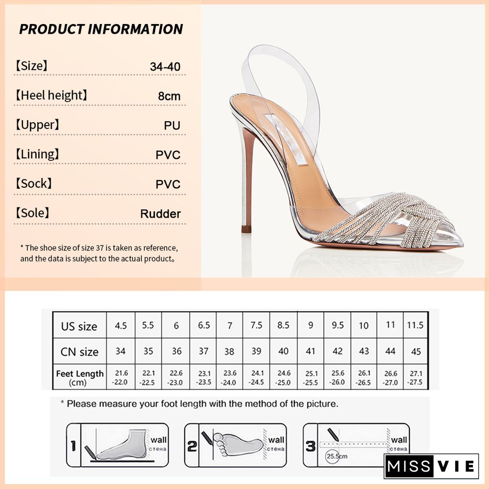 New Fashion Women Pumps Sandals Summer Sexy High Heels Rhinestones Elegant Pointed Toe Transparent PVC Party Shoes