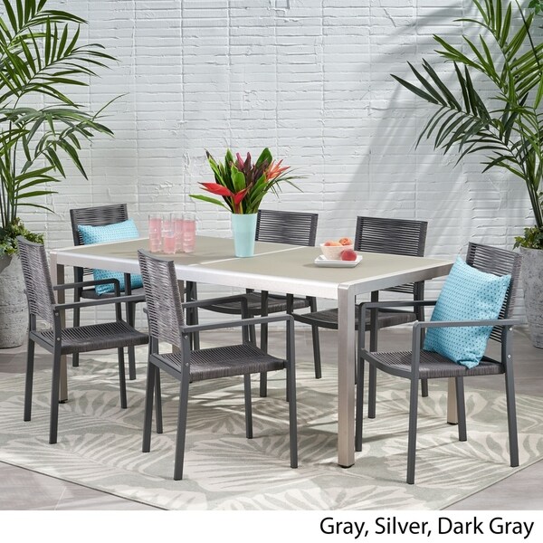 Gaviota Outdoor Modern 6 Seater Aluminum Dining Set with Tempered Glass Table Top by Christopher Knight Home