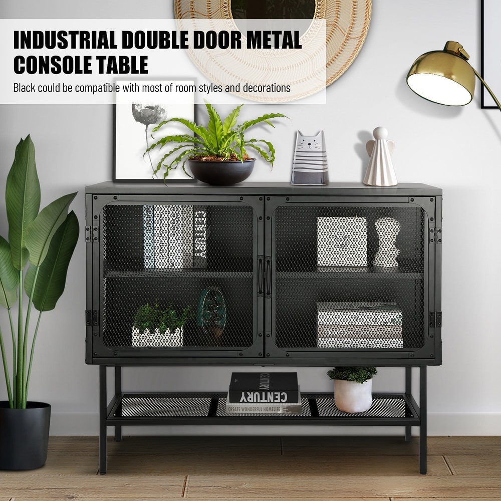 43 inch wide Industrial Metal Sideboard Storage Cabinet Buffet Cabinet with Double Mesh Doors and Open Shelf for living room