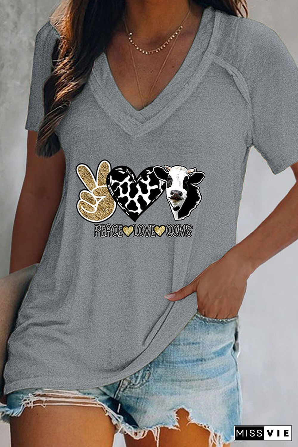 Peace Love Cows Print V Neck Graphic Tee