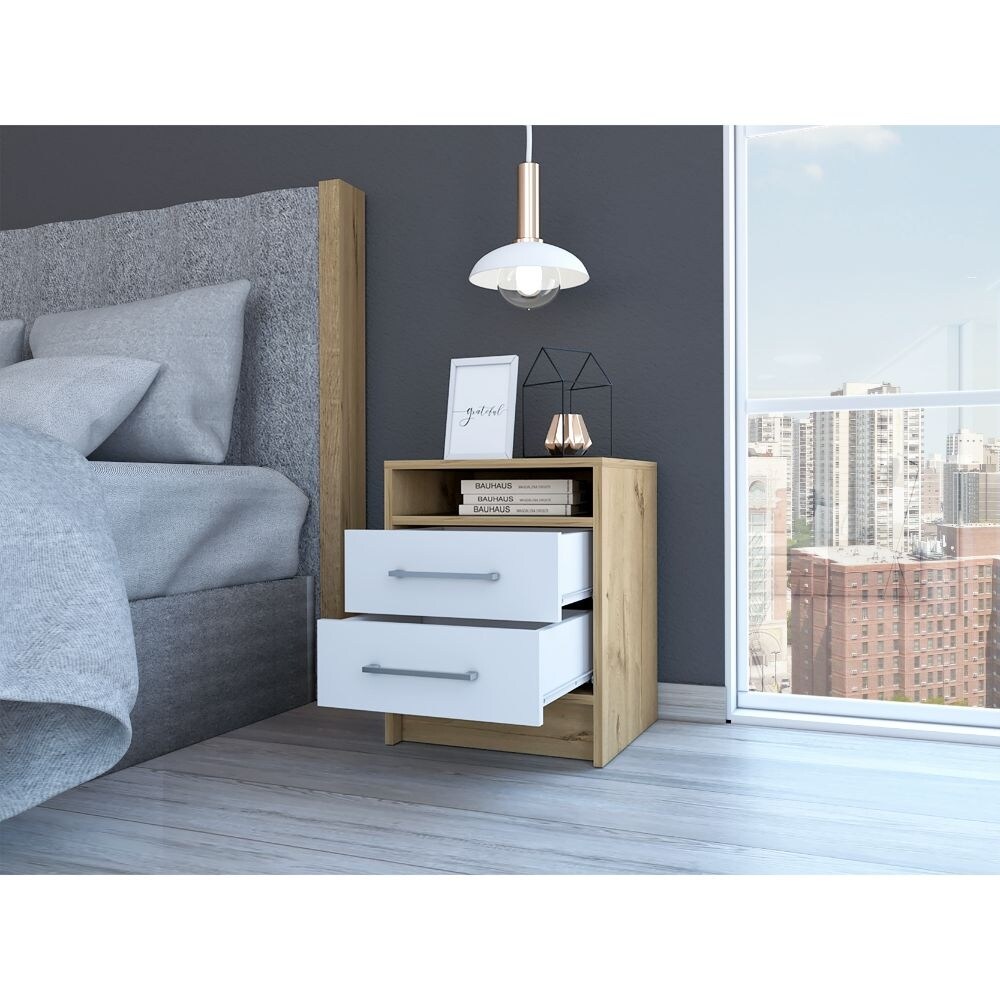 TUHOME Eter 2 Drawer Nightstand End Table with Metal Handles and Open Shelf