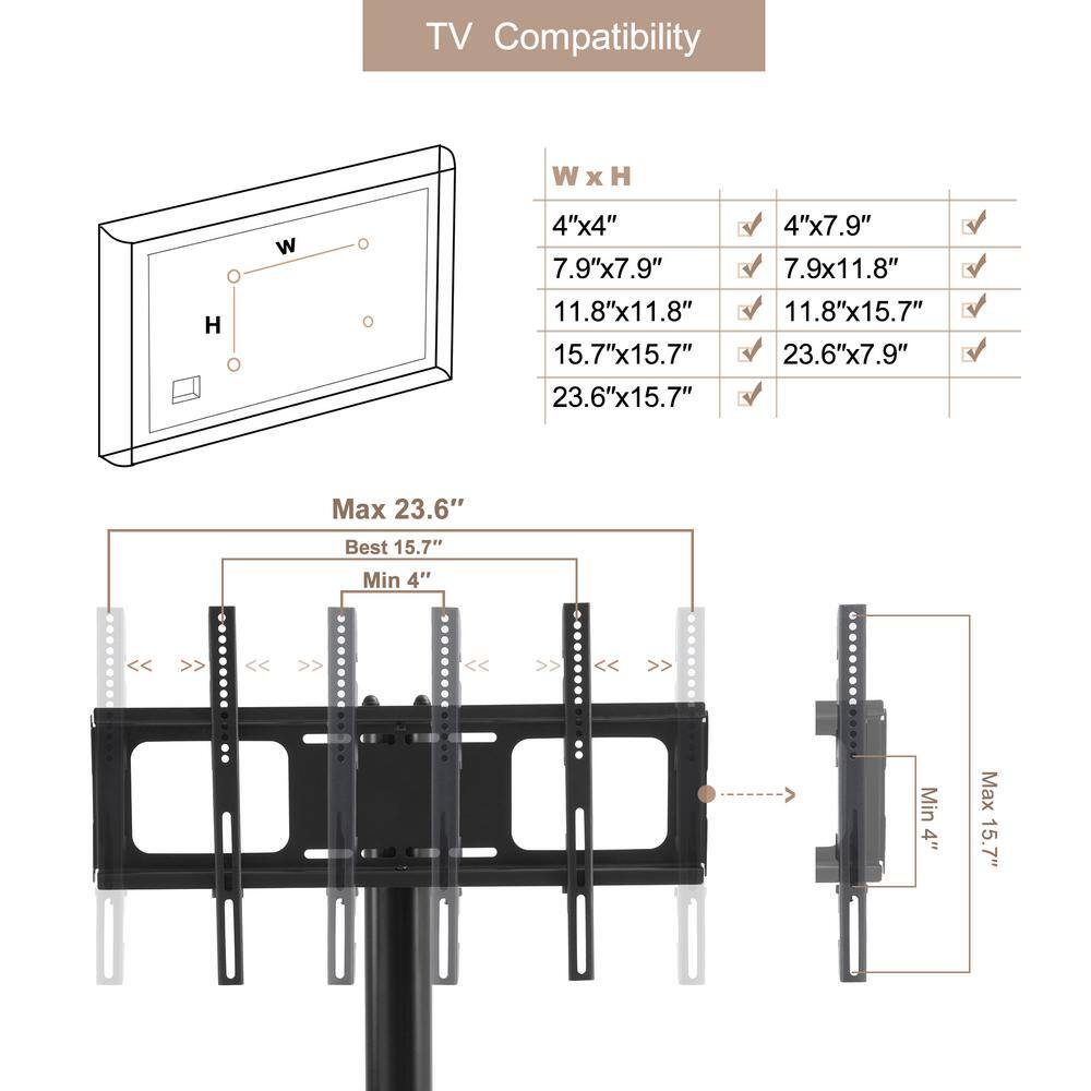 Tidoin Adjustable Angle Black Adjustable Height TV Mounts TV Stand with 2-Tier Shelf and Wheel JWS-YUW2-5040