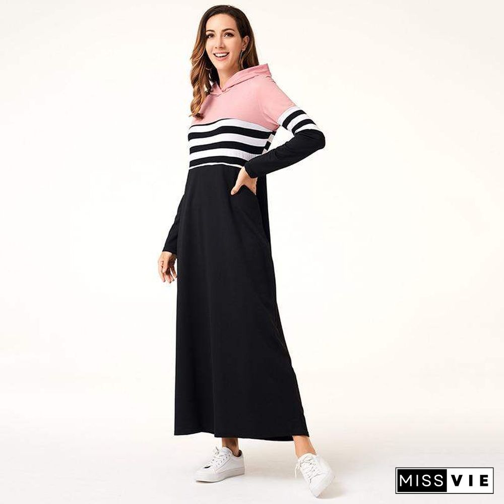 Women Hoodie Dresses Long Sleeve Striped Patchwork