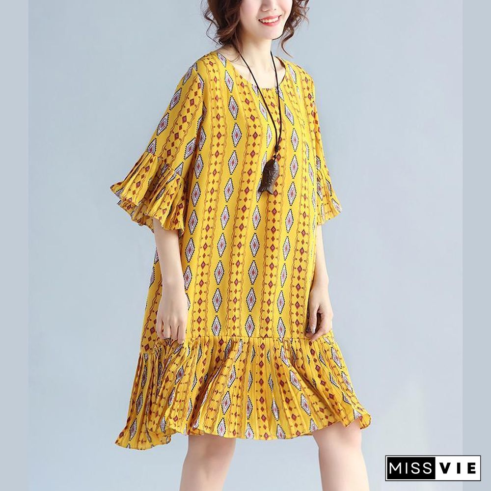 Elegant yellow prints chiffon shift dresses oversized chiffon clothing dresses women ruffles hem ruffles sleeve dress