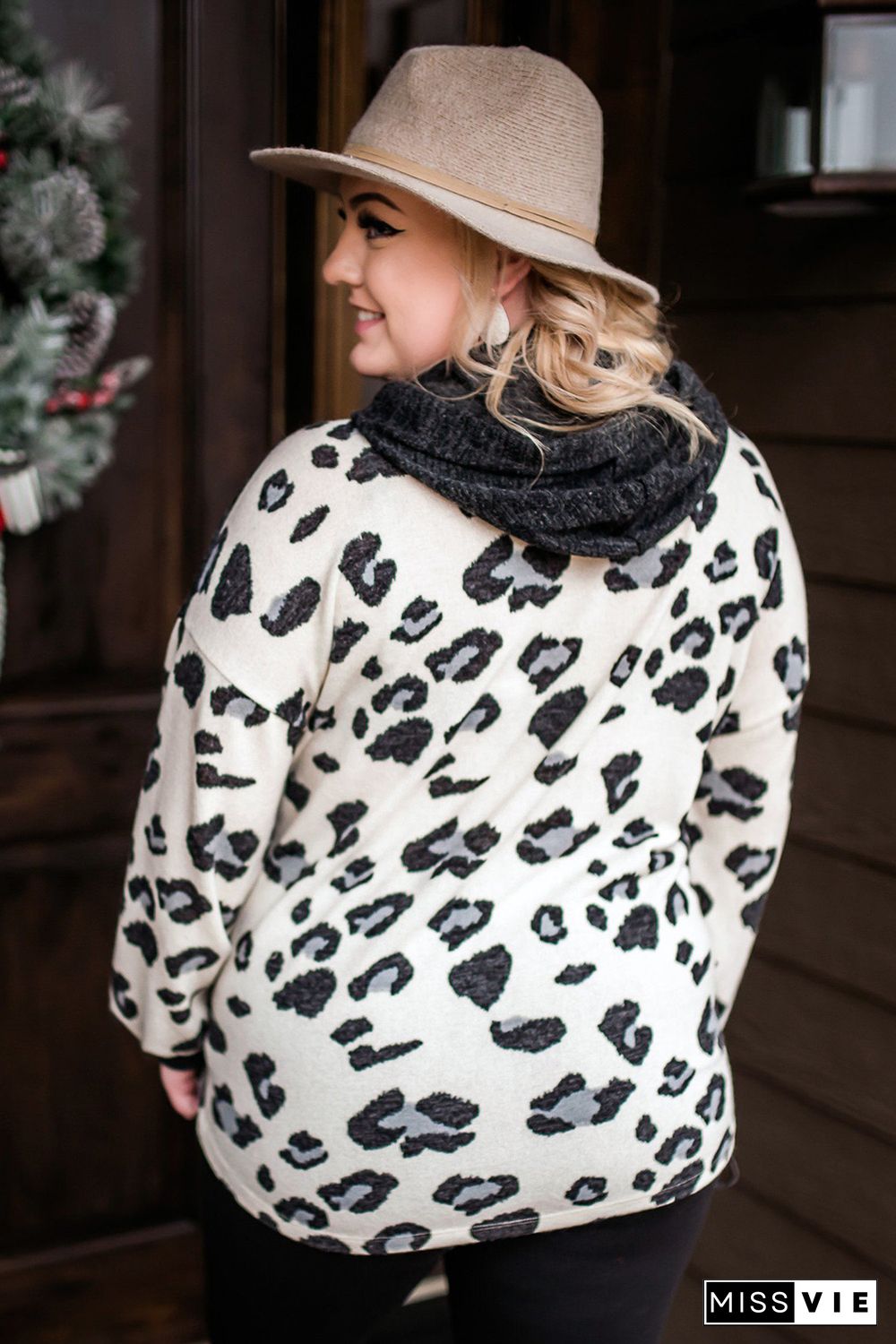 Leopard Colorblock Pockets Plus Size Hoodie