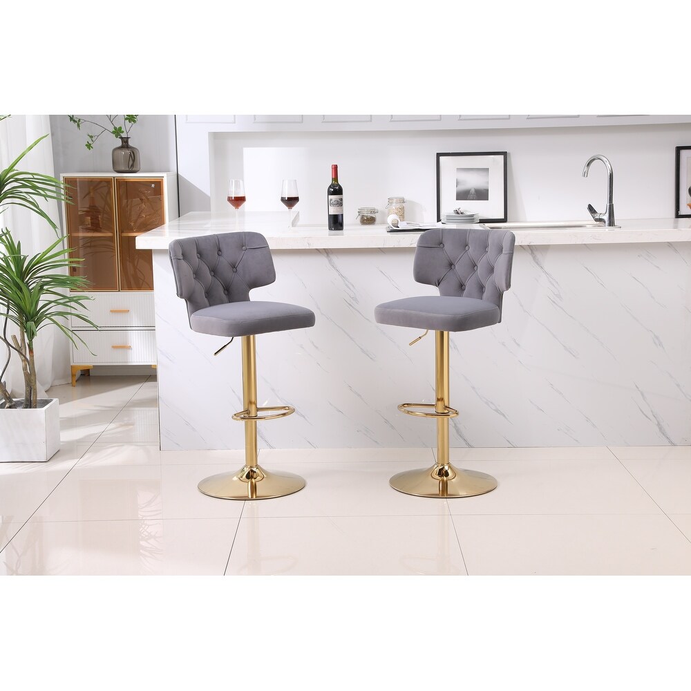 Tufted Back Barstools Gray Velvet Swivel Bar Stools Sets Armless Chair