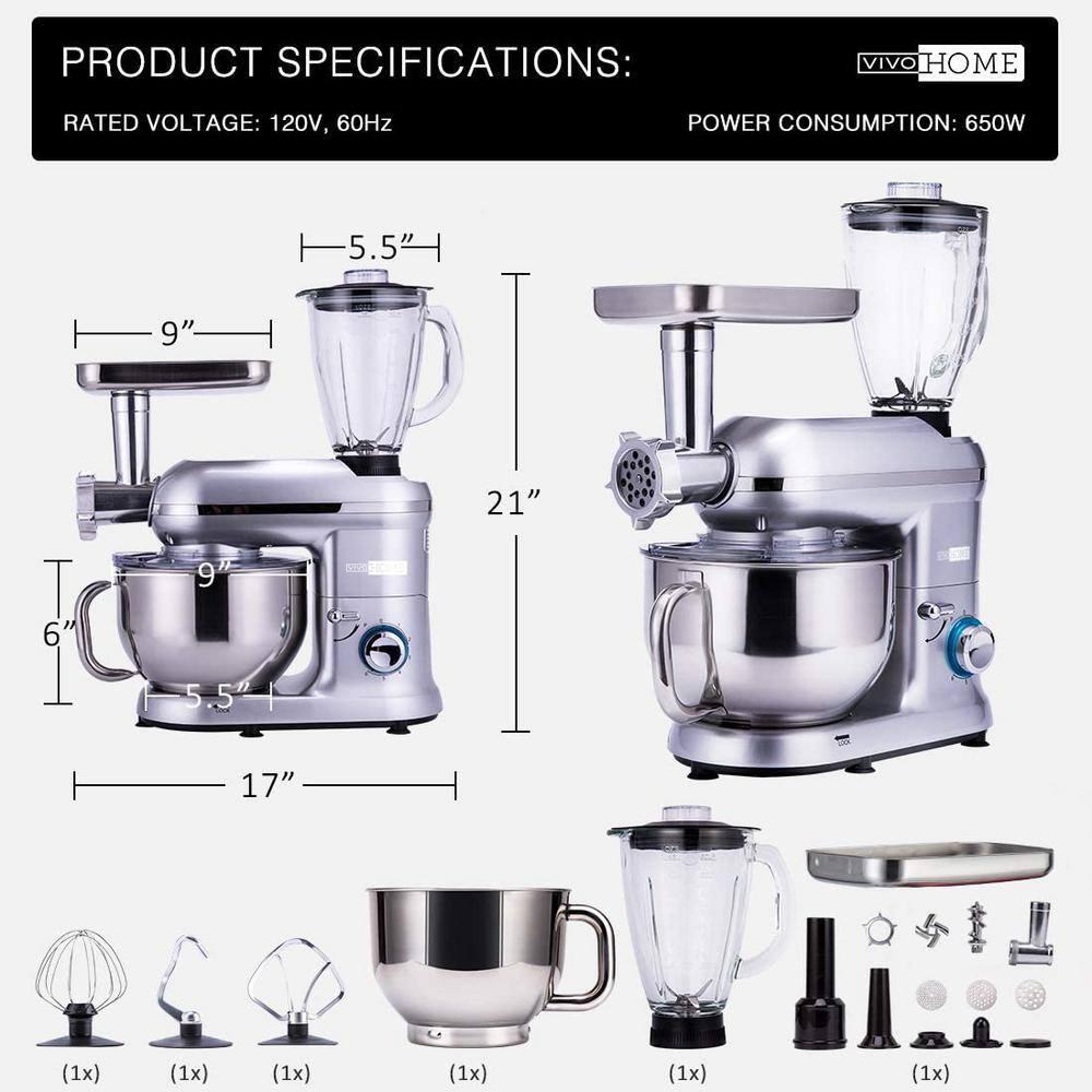 VIVOHOME 6 qt 6 speed Silver 3 in 1 Multifunctional Stand Mixer with Meat Grinder and Juice Blender ETL Listed