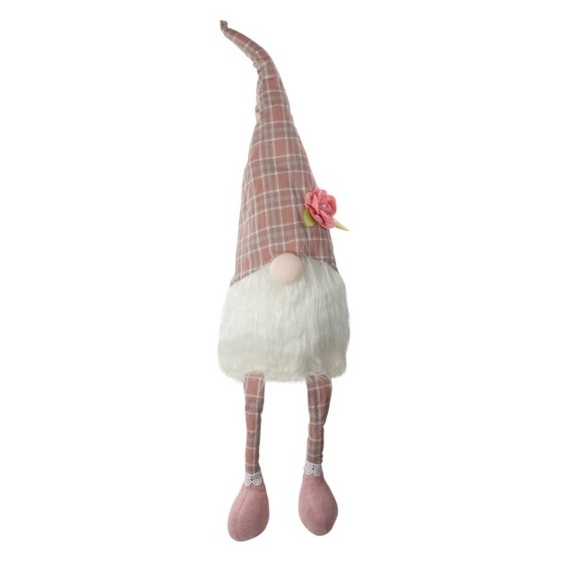 Pink And White Plaid Spring Gnome Table Top Figure With Dangling Legs