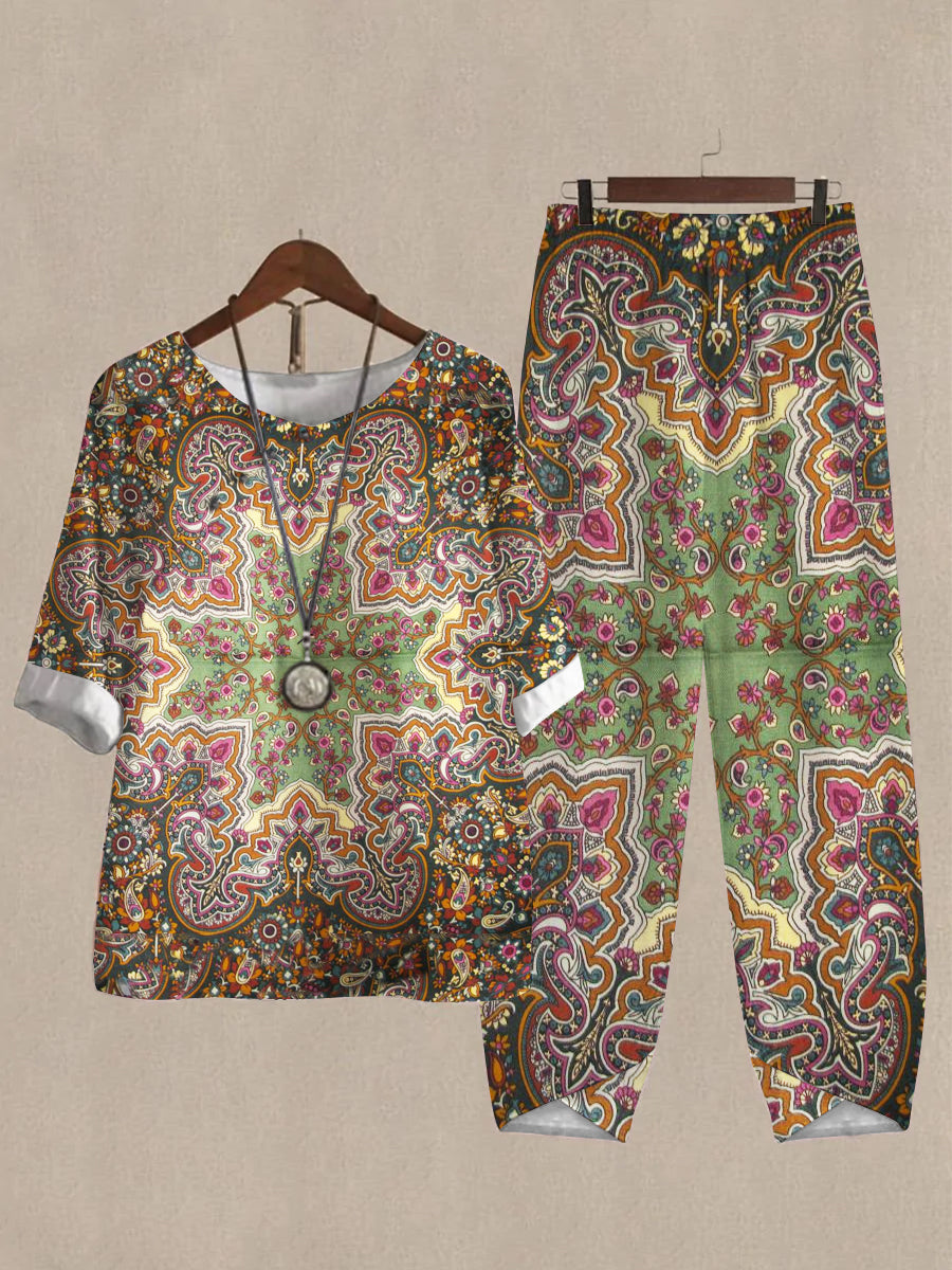 Linen Casual Women's Retro Print Two Pieces Set