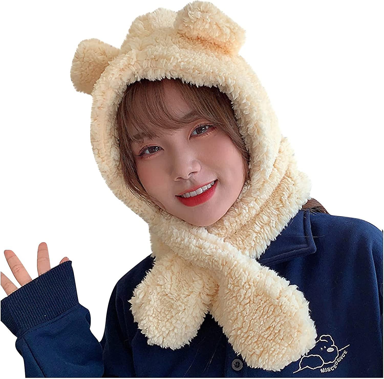 Winter Hats Bear Cap And Scarf 2 In 1 Cute Cartoon Thick Hat Protectors Warm Plush Hat Cap Women Girl Hat Beige One Size