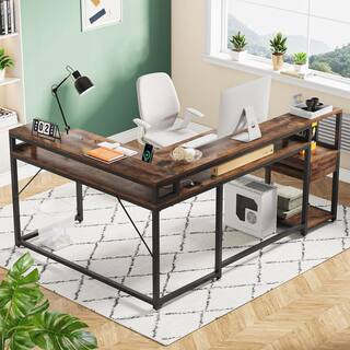 TRIBESIGNS WAY TO ORIGIN Perry 68 in. L Shaped Brown Wood 1-Drawer Computer Desk with Power Outlets and Monitor Stand C-G073