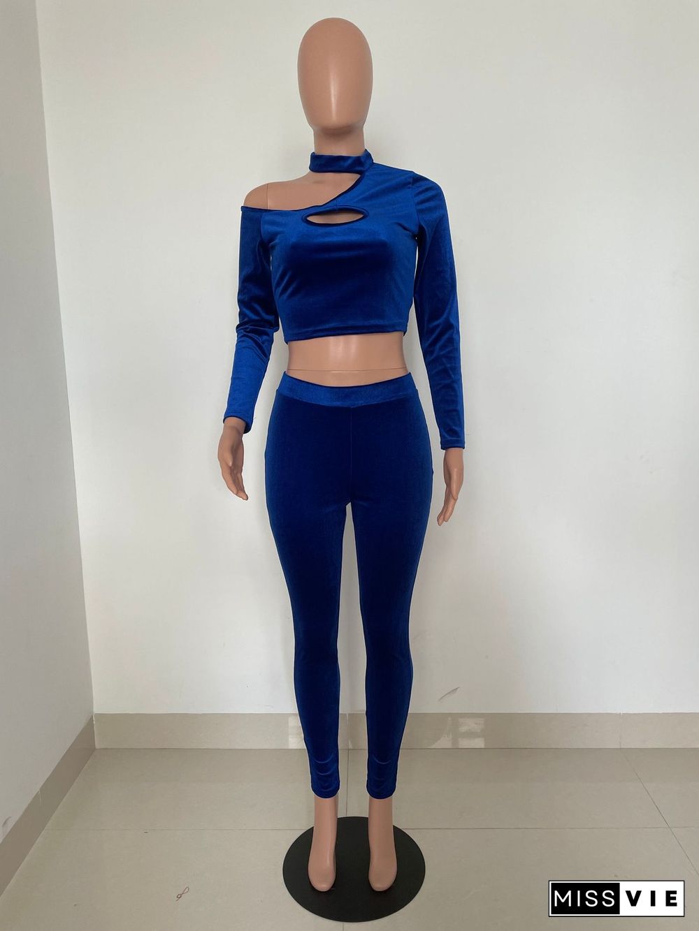 Velvet Hollow Out Crop Top Pencil Pants Set