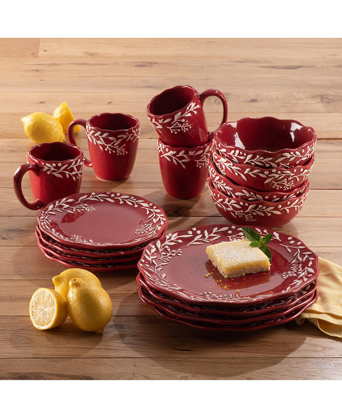 American Atelier Bianca Mistletoe Red and White Ceramic 16-Piece Dinnerware Set