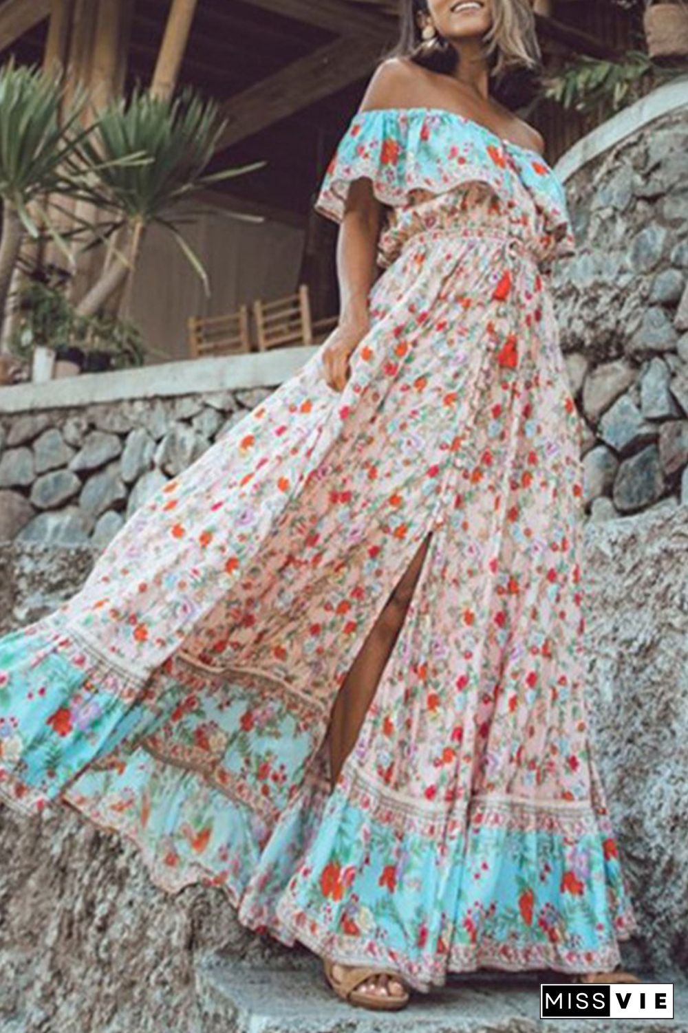 Casual Sweet Floral Flounce Off the Shoulder Dresses