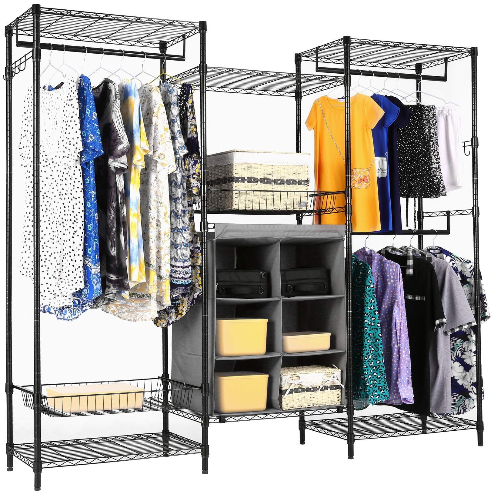 Garment Rack Heavy Duty Wire Clothes Rack with Closet Organizer Storage and Wire Metal Baskets Drawer, Max Load 800LBS, Black