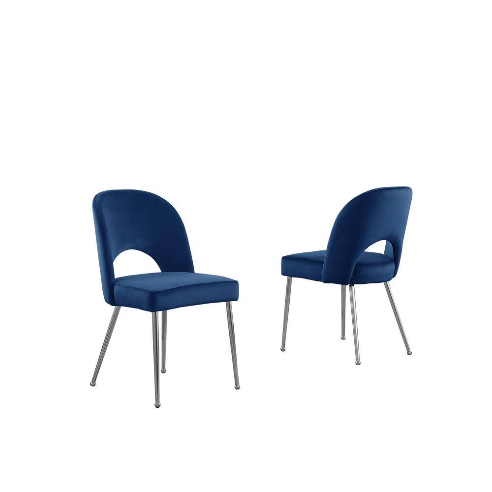 Best Quality Furniture Lois Navy Blue Velvet Upholstered Side Chair with Chrome Legs (Set of 2) SC221