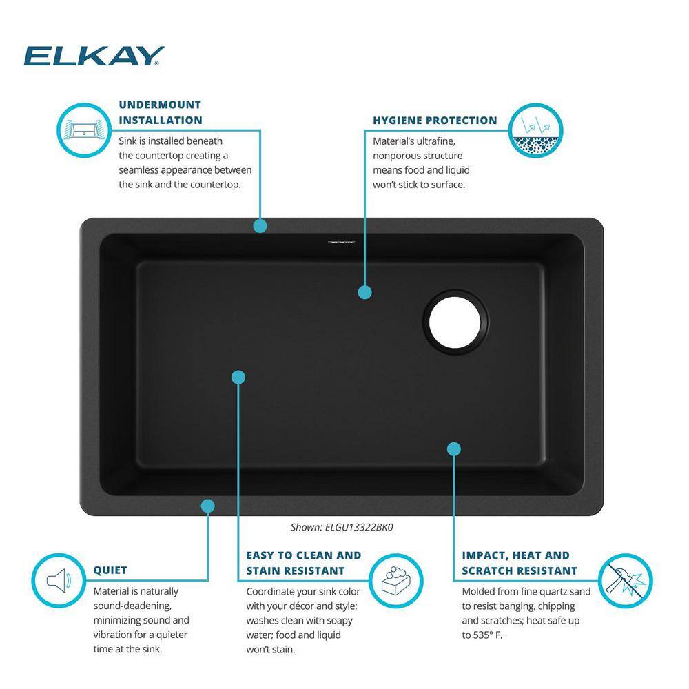 Elkay Quartz Classic Black Quartz 33 in. Single Bowl Undermount Kitchen Sink ELGU13322BK0