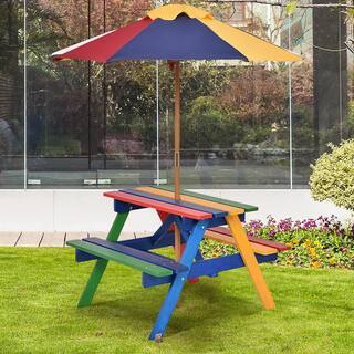 ANGELES HOME Rectangle Wood Outdoor Picnic Table with Umbrella 8CK70-OP481