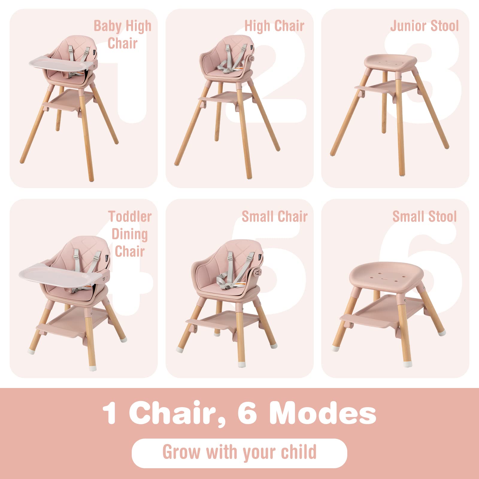 BABY JOY Baby High Chair, 6 in 1 Convertible Wooden High Chair for Babies & Toddlers with Adjustable Legs