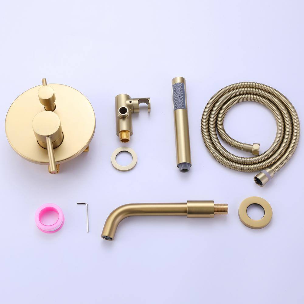 Hlihome Double-Handle Wall Mounted Roman Tub Faucet with Hand Shower in Brushed Gold RBDK-0908-BG