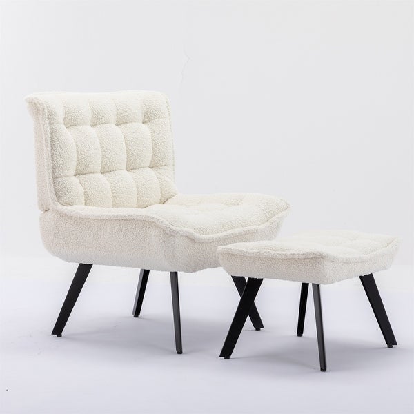 White Soft Teddy Fabric Accent Leisure Chair With Ottoman Black Legs