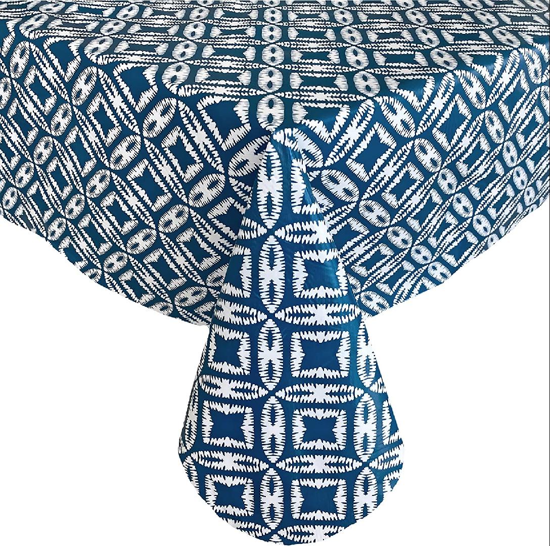 Bohemian Ikat Style Print Flannel Backed Vinyl Tablecloth, Boho Chic Ikat Pattern Vinyl Indoor/Outdoor Waterproof, Patio, Tablecloth, 70 Inch Zippered Umbrella Round, Teal