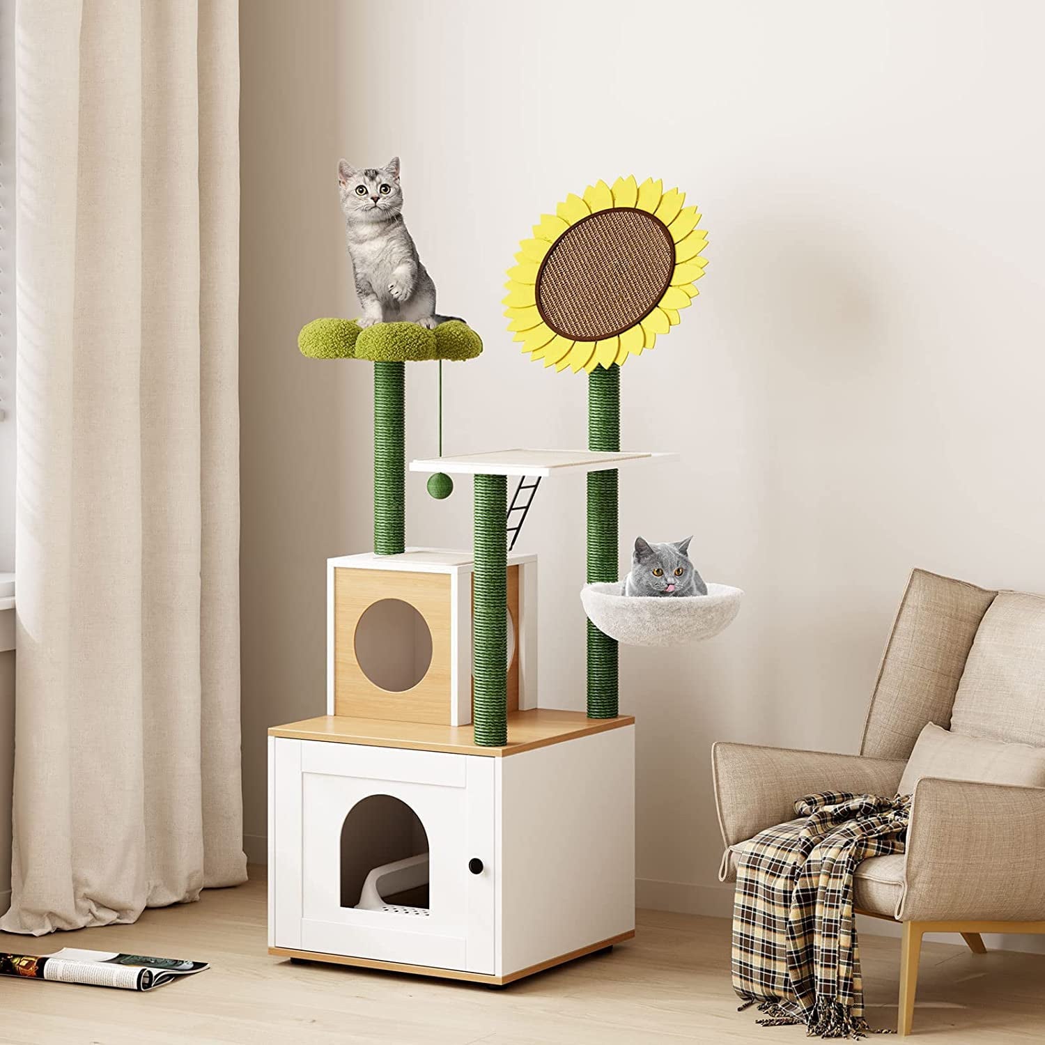 Soges Cat Tree with Cat Condo, 60" Cat Tower with Cactus Sisal Scratching Post, Soft Hammock, Fun Cat Ball, Cat Litter Box Enclosure