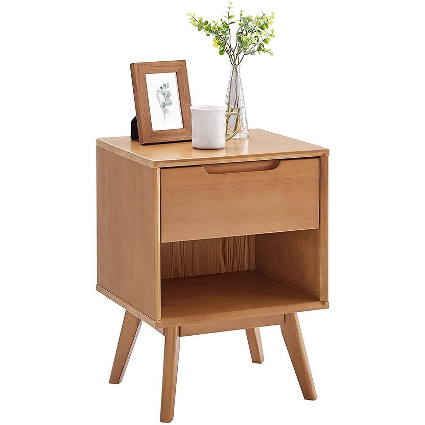 MUSEHOMEINC Mid Century Modern Solid Wood Nightstandfor Bedroom End Table for Living Room with 1 Storage Drawer and Open Shelf