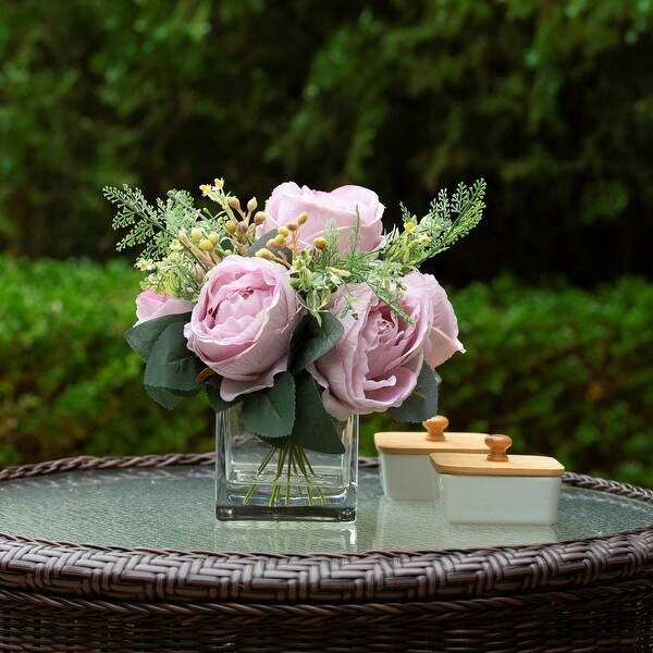 Mixed Peony Artificial Flowers in Vase with Faux Water，Silk Flower Arrangements in Vase for Home Decor，Wedding Table