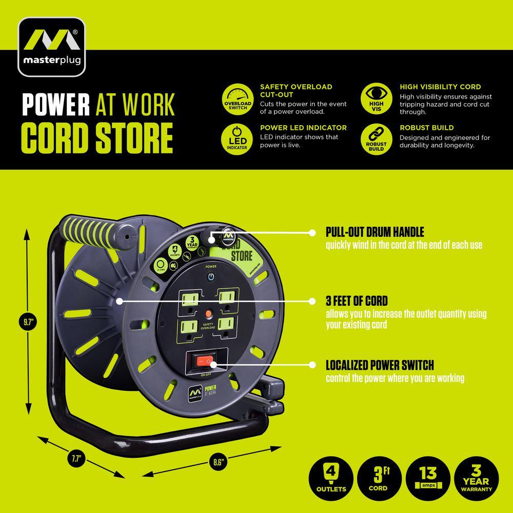 Masterplug 3 ft. 143 Extension Reel with 4-Outlets OMA031114G4SL-US