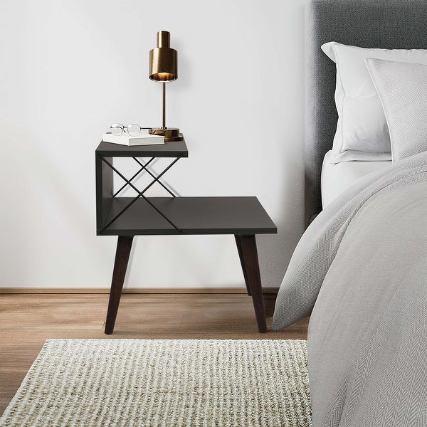 22 Inch Rectangular 2 Tier Wood Nightstand Side Table， Crossed Metal Bar Frame， Angled Legs， Charcoal Gray， Brown