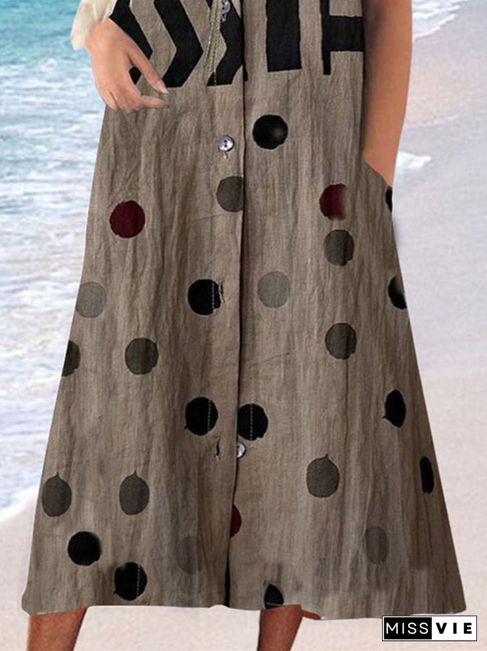 Women's Dark Brown Scoop Neck Short Sleeve Printed Maxi Dress