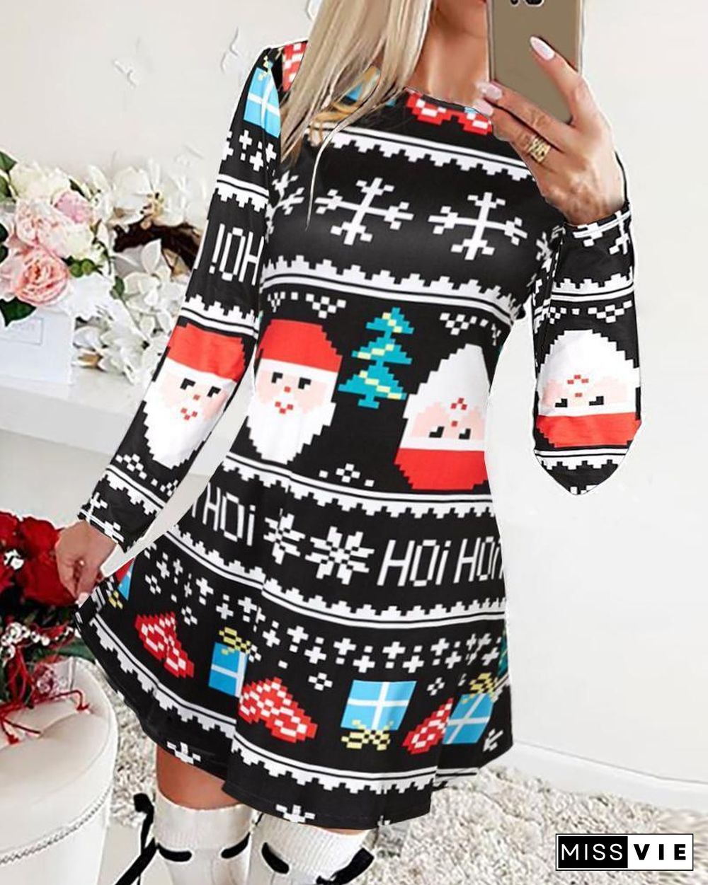 Christmas Print Long Sleeve Casual Dress P10822