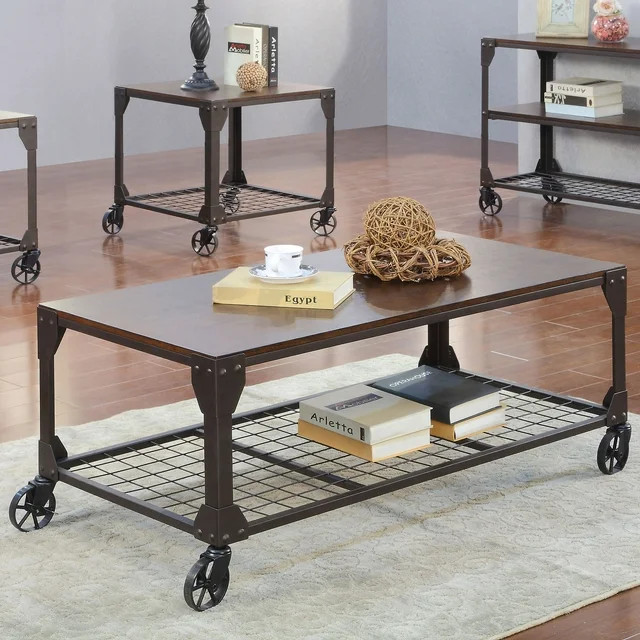 Industrial Coffee Table  Open Grid Metal Shelf With Casters  ampSturdy Wooden Top   Industrial   Coffee Tables   by Declusia  Houzz