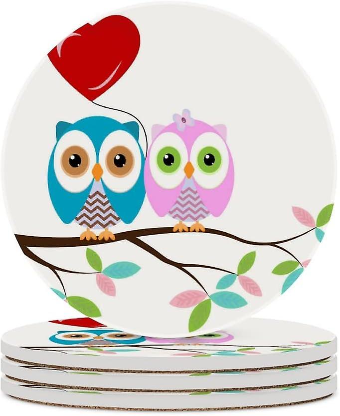 4pcs Round Owls On Branch With Heart Air Balloon Ceramic Coasters With Cork-backed For Coffee Drink Cup Mat Absorbent Stone Coasters