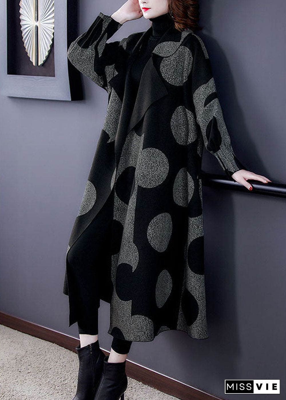 Boutique Black Patchwork Dot Print Loose Fall Long sleeve Coat