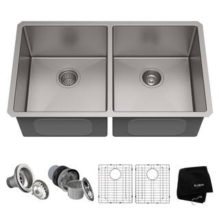 KRAUS Standart PRO 33in. 16 Gauge Undermount 5050 Double Bowl Stainless Steel Kitchen Sink KHU102-33