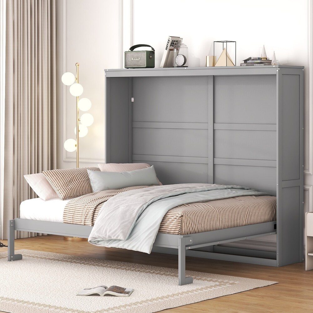 Gray Queen Size Murphy Bed Wall Bed Frame with Wooden Slat Support