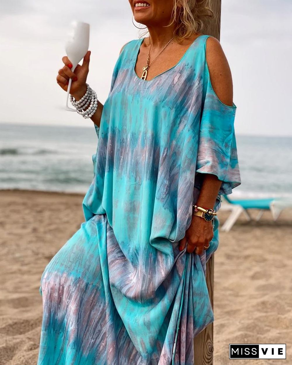 Tie-Dye Print Cold Shoulder Batwing Sleeve Maxi Dress P10008