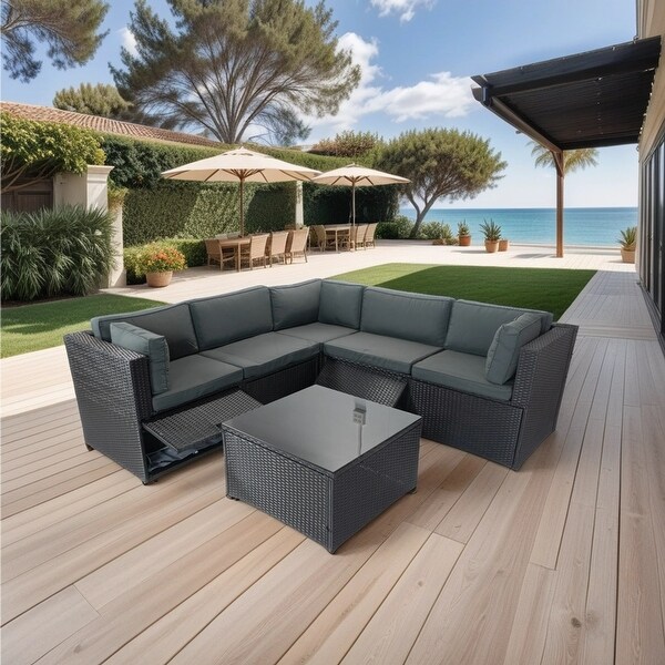 6piece Outdoor Sectional Upholstered Sofa Furniture Set Lshaped Rattan Couch Patio Conversation Set with 3 Storage Under Seat