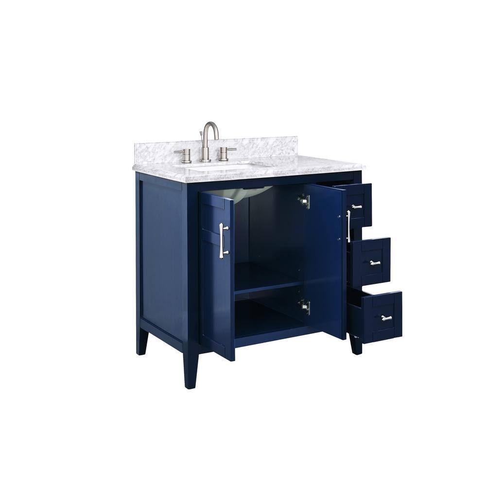 Home Decorators Collection Sturgess 37 in. W x 22 in. D x 35 in. H Bathroom Vanity in Navy Blue with Carrara White Marble Top 19111-VS37-NB