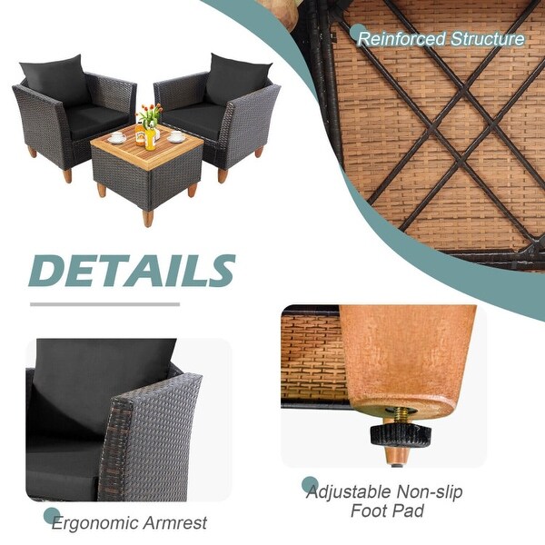 3 Pieces Patio Rattan Bistro Furniture Set with Wooden Table Top