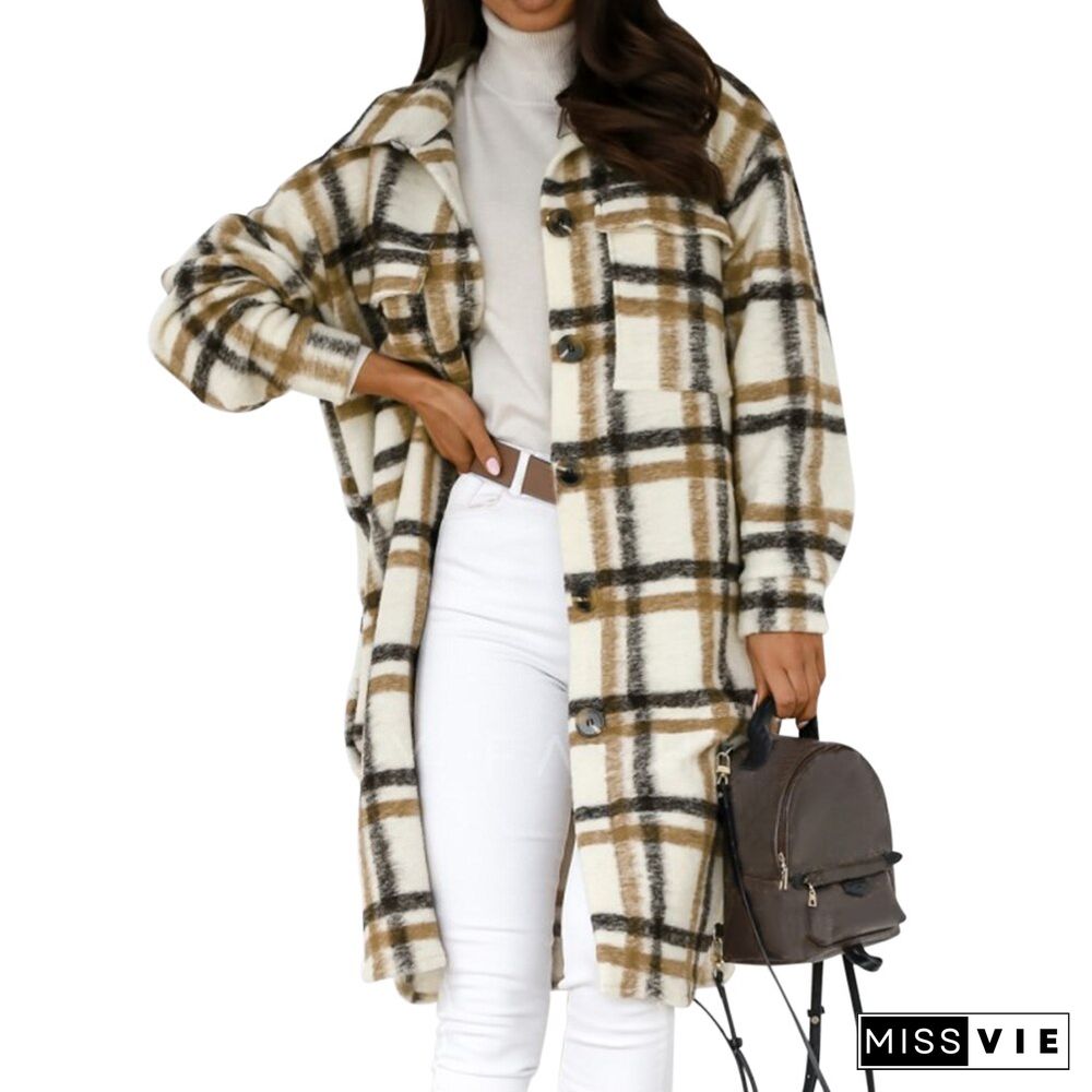 Winter Checked Women Jacket Down Overcoat Warm Plaid Long Coat Oversize Thick Woolen Blends Female Streetwear