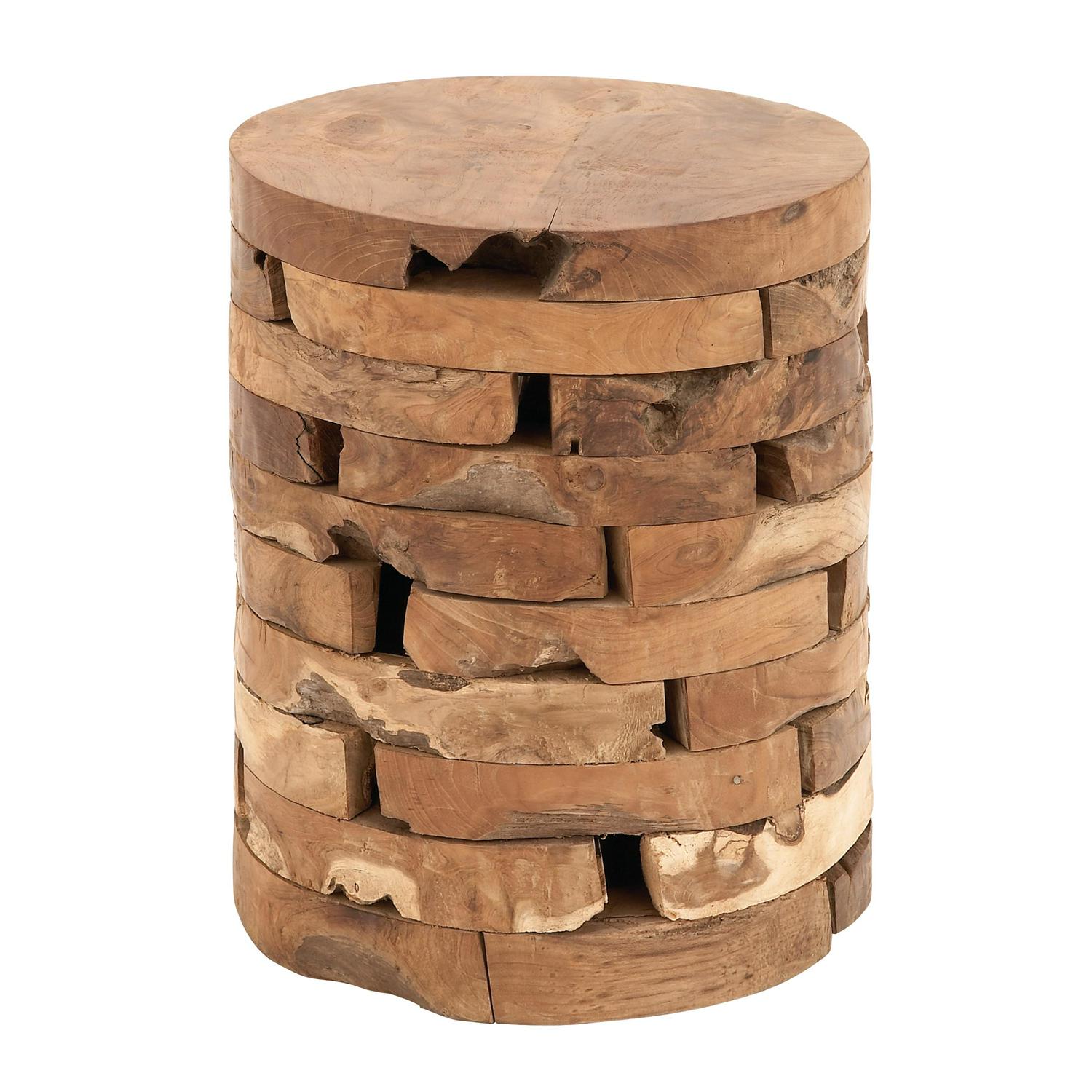 DecMode Brown Contemporary Round Stacked Brick Style Wood Accent Table， 14 W x 18 H